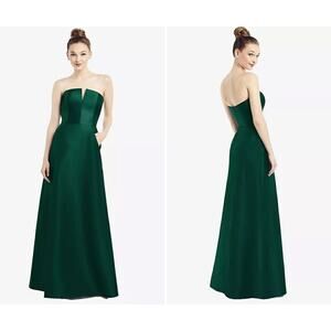 Alfred Sung Size 0 Strapless Notch Satin Twill Maxi Hunter Green D774